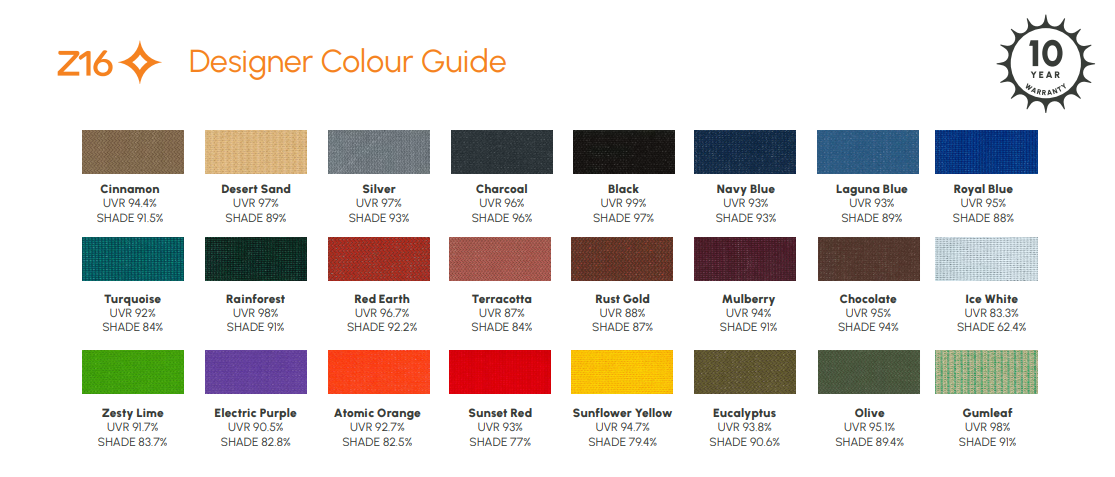 Z16 Rainbow Shade - Shade Cloth - Desinger Colour Guide