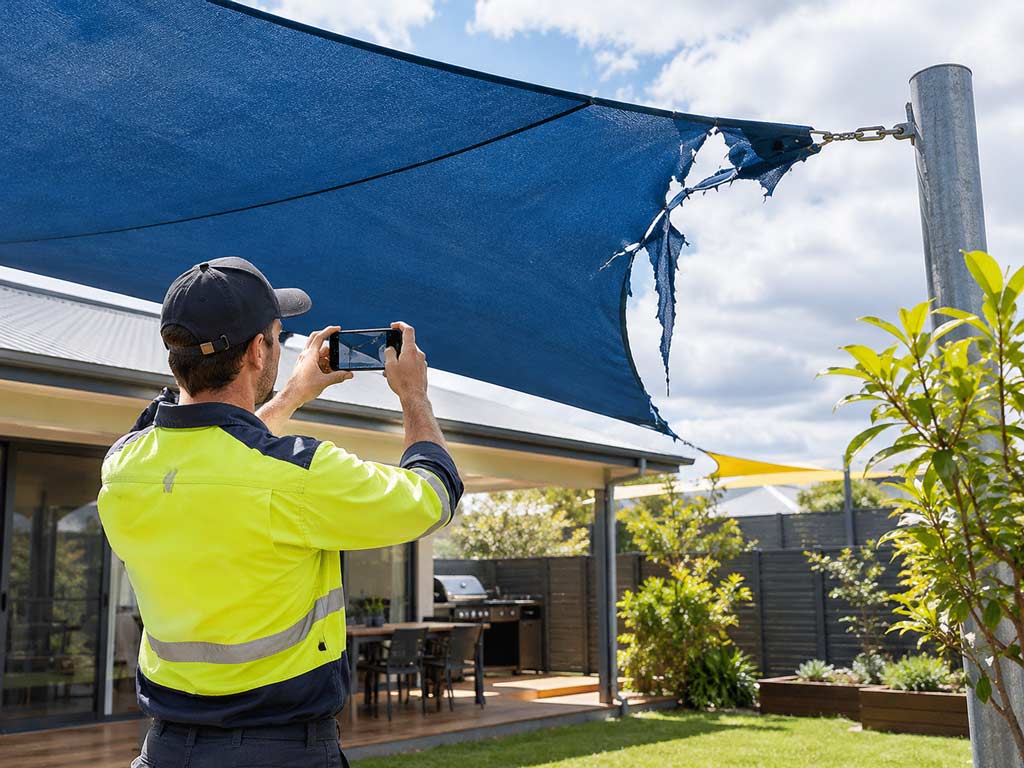 team member photographing or measuring a damaged sail