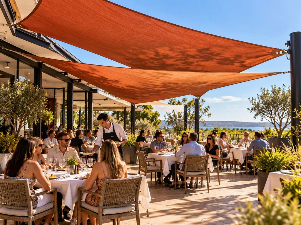 Overlapping terracotta shade sails shading restaurant alfresco dining tables