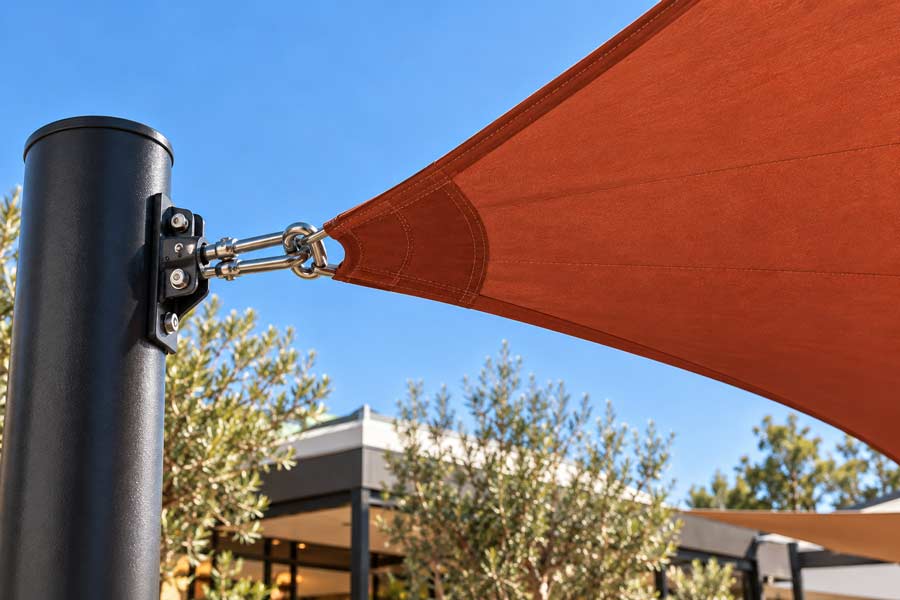 Powder-coated steel post with stainless steel shade sail fittings
