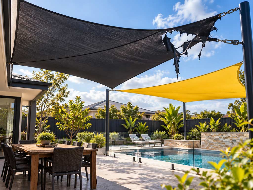 Storm-damaged or torn shade sail