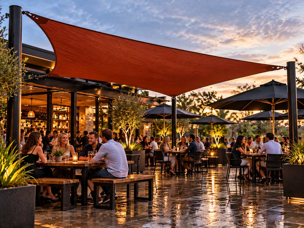 Waterproof terracotta shade sail keeping pub beer garden tables dry after rain