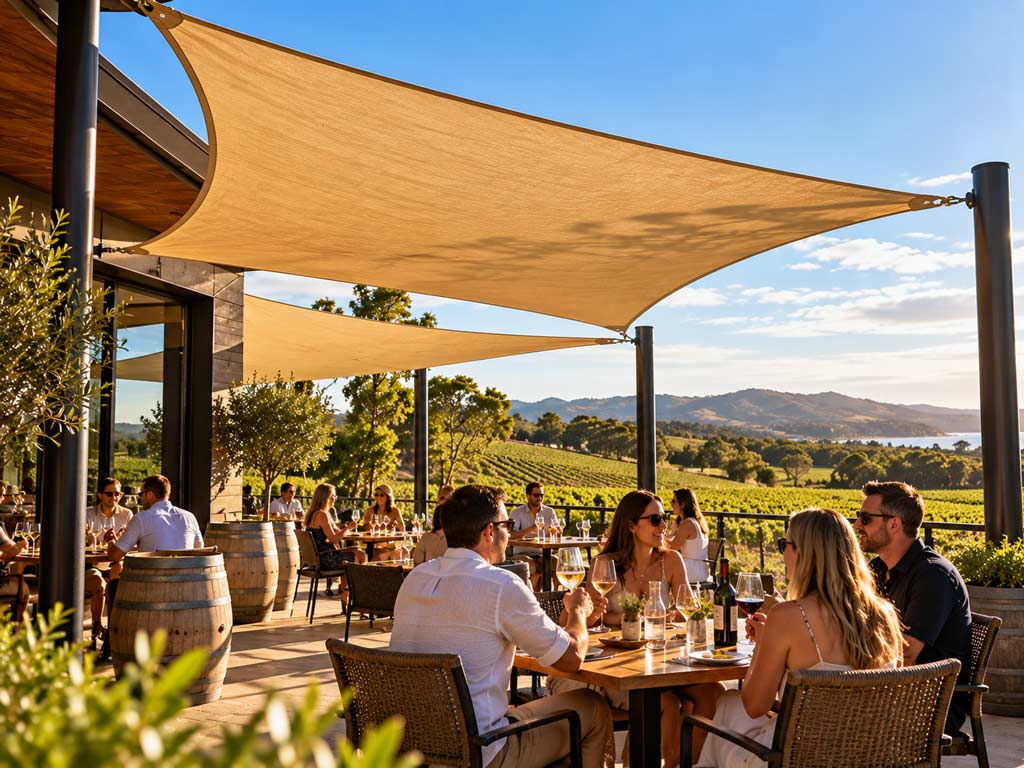 Sand-coloured shade sails over a winery cellar door tasting terrace with vineyard views
